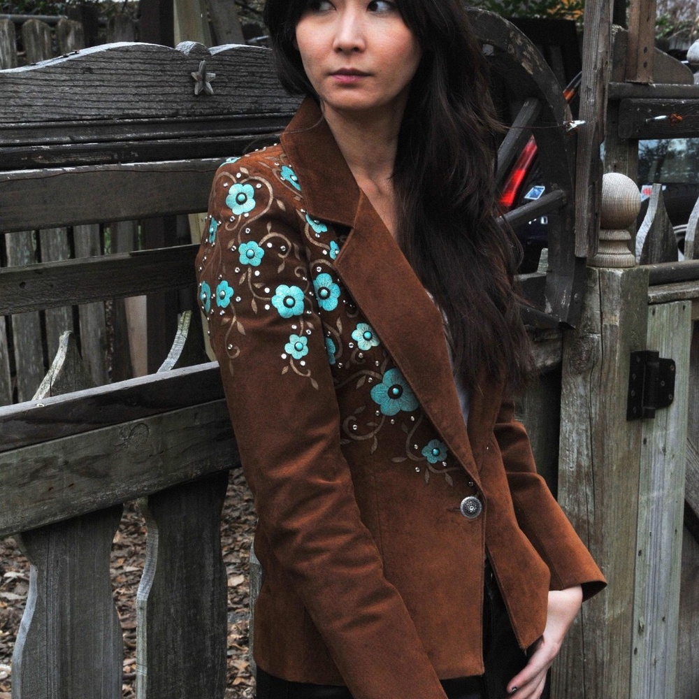 Patricia Wolf Brown Suede beads/rhinestones hand painted Western blazer